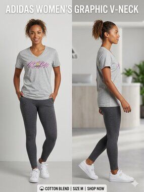 Adidas V-Neck T-Shirt Gray Pink Purple Print Women's Cotton Blend - Size Medium